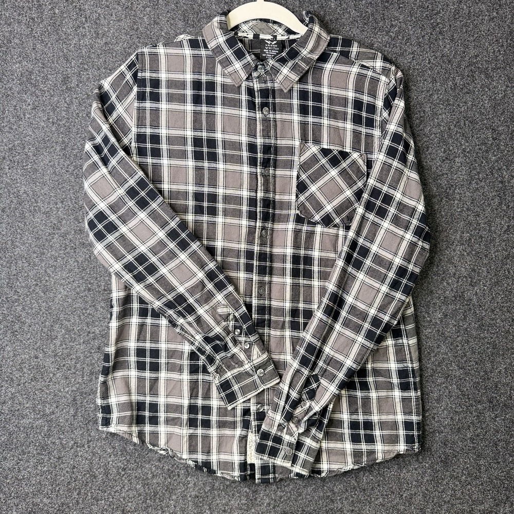 Shaun White Supply Co Shirt Mens XL Gray Plaid Flannel Distressed Cotton